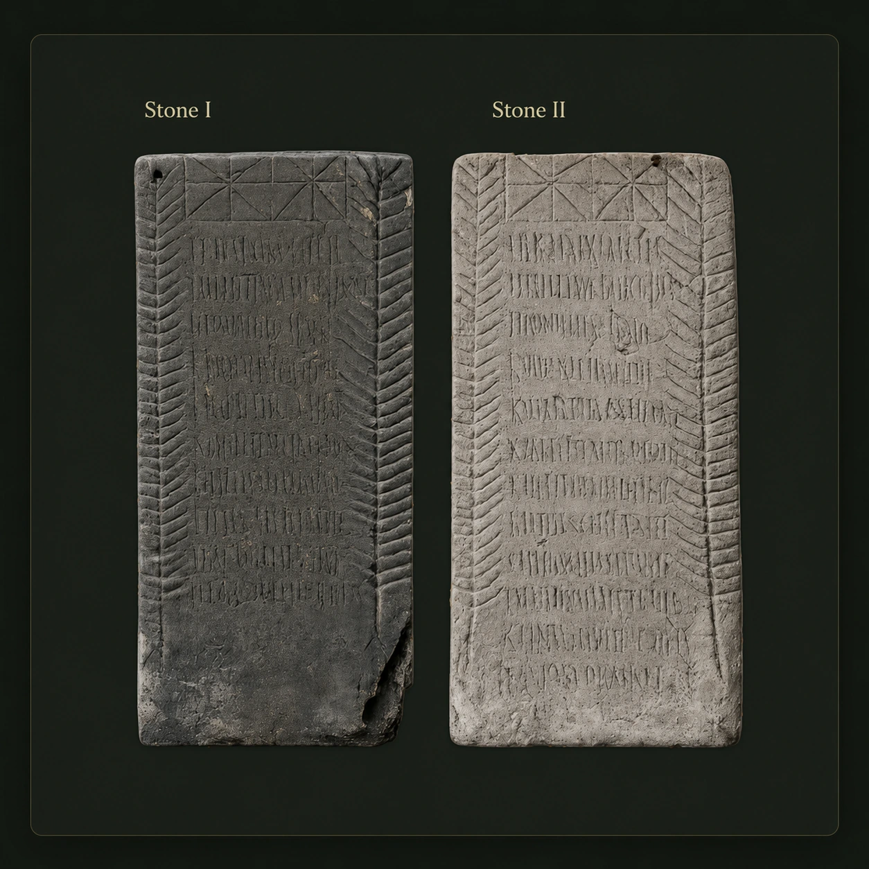 Two wall-mounted impressions of the Brough Greek funerary inscription photographed inside the church tower