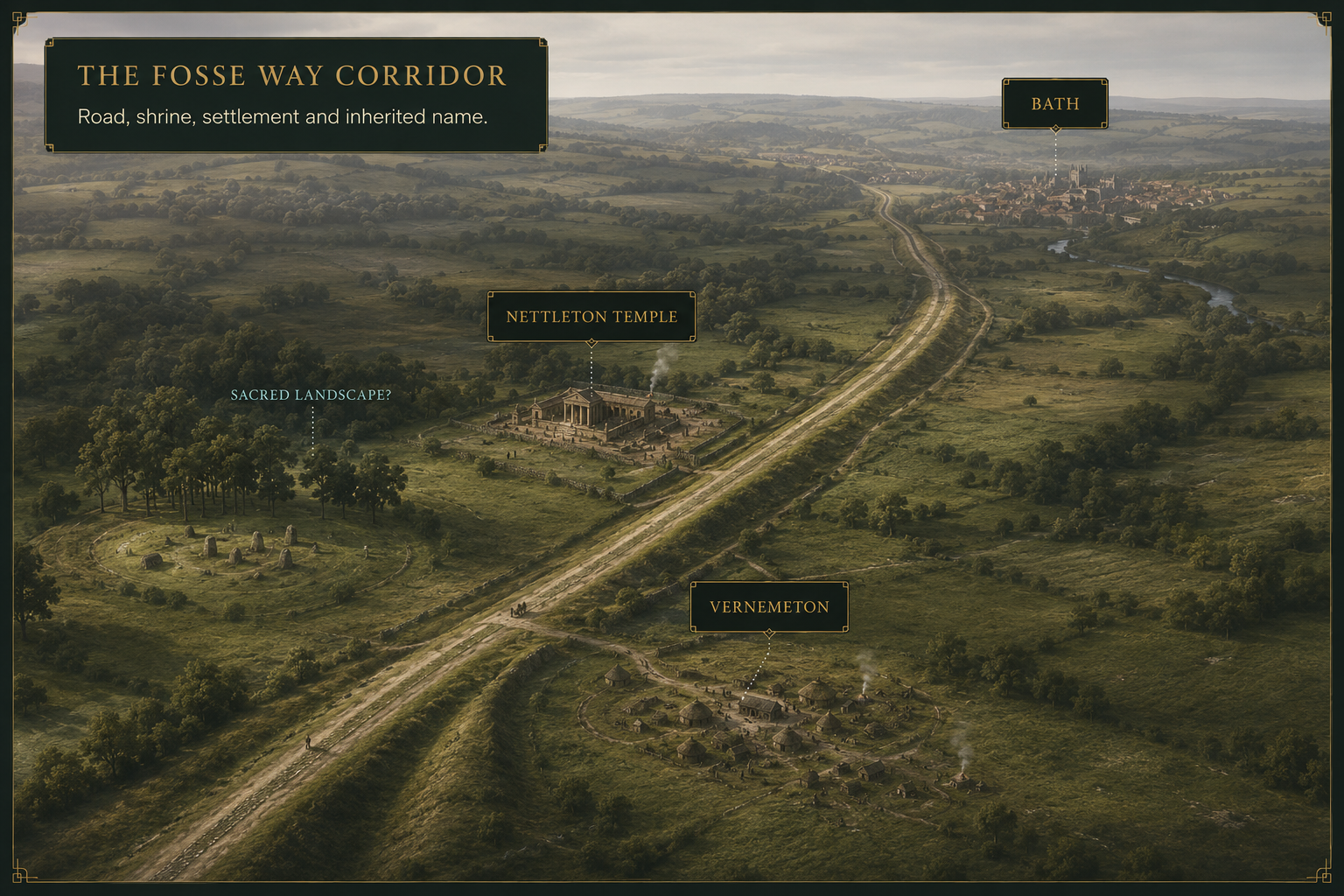 Illustrated landscape of the Fosse Way corridor with Bath, Nettleton Temple and Vernemeton