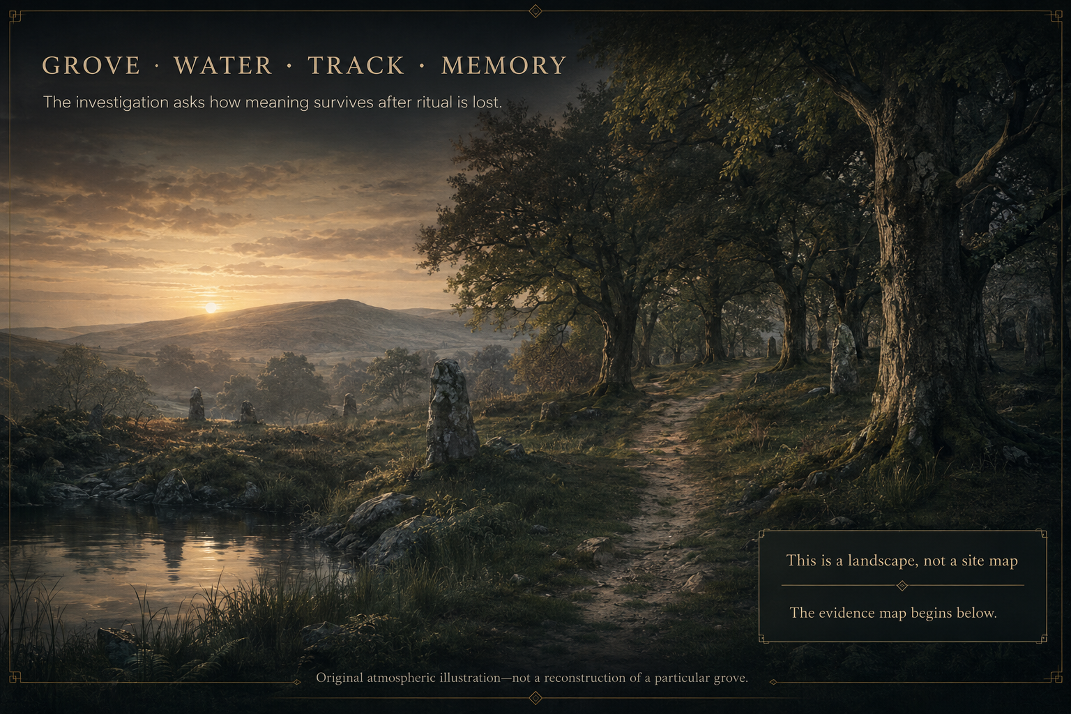 Atmospheric grove, water and track illustration for the investigation hero
