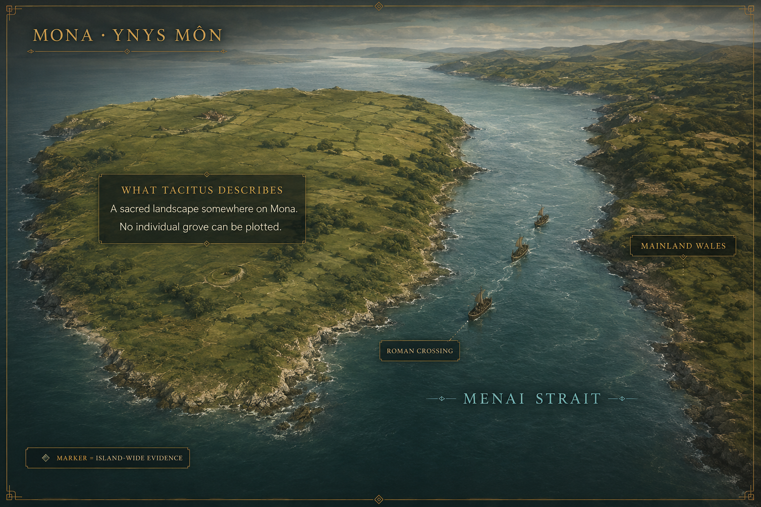 Illustrated view of Mona, the Menai Strait and mainland Wales