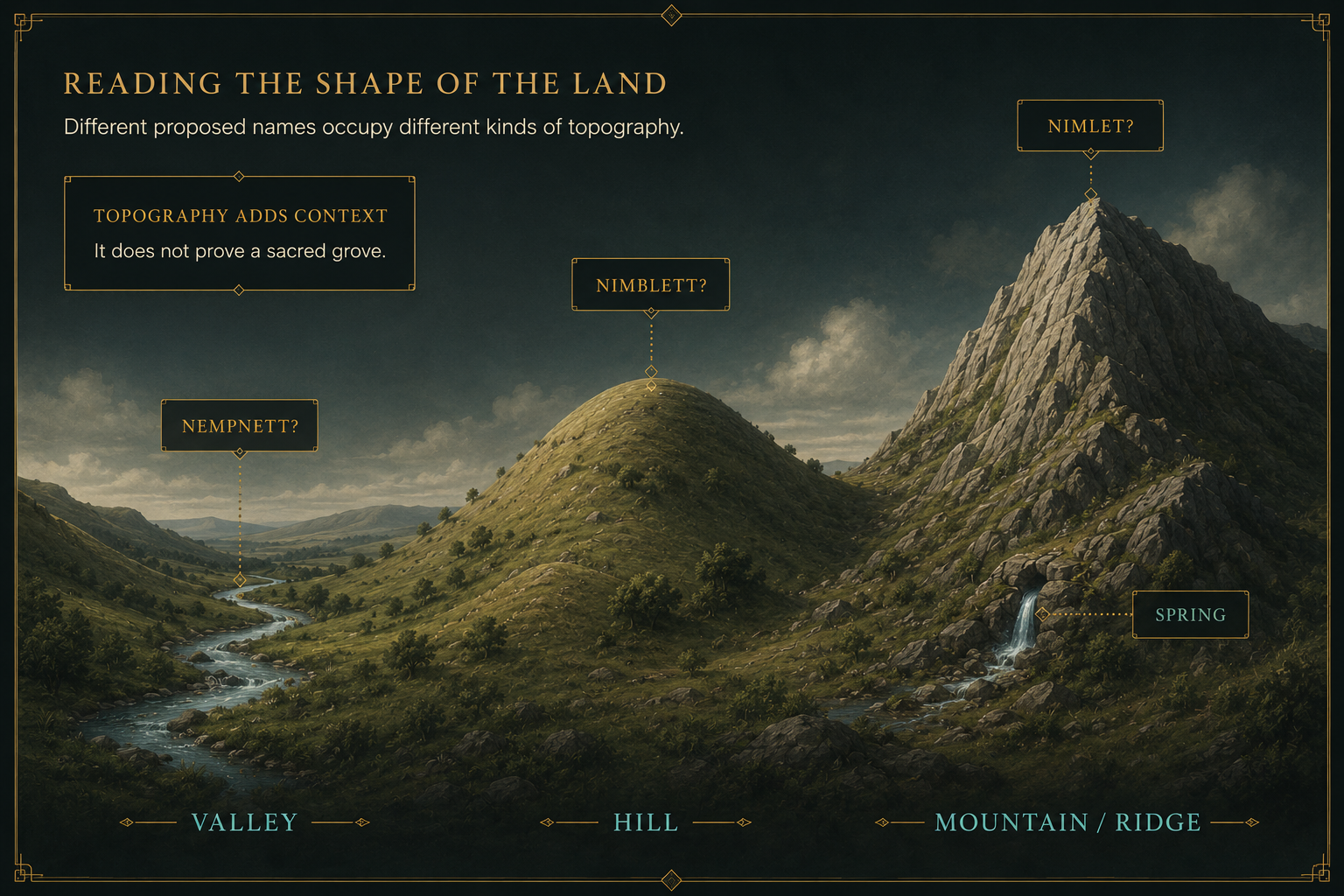 Topographic comparison of valley, hill, mountain ridge and spring